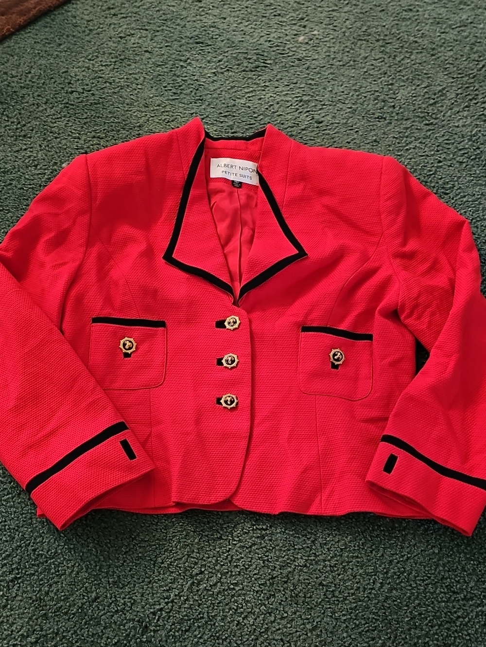 Albert Nipon Red Blazer with Black Trim and Gold Buttons